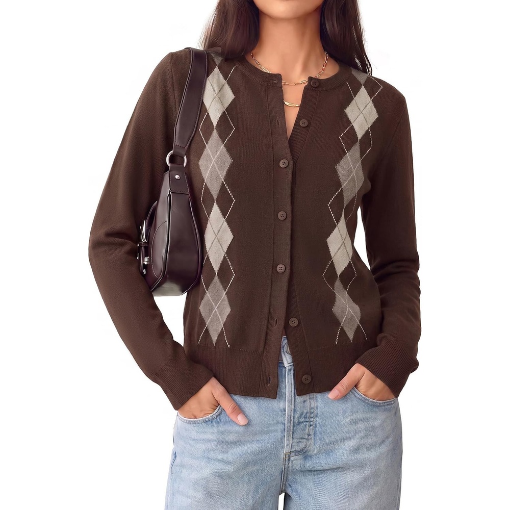 image:imageGRACE KARIN Cardigan for Women Argyle Fall Sweaters Cozy Teacher Outfits Crew Neck Button Up Chunky Cardigan Sweaters Open Front Cute Sweater Long Sleeve Casual Winter Outfits for Work amp OfficeArgyle Brown