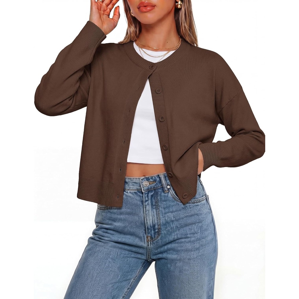 image:imageGRACE KARIN Cropped Cardigan Sweaters for Women Cotton Button up Sweater Oversized Knit Cardigans Trendy 2026Chocolate Brown