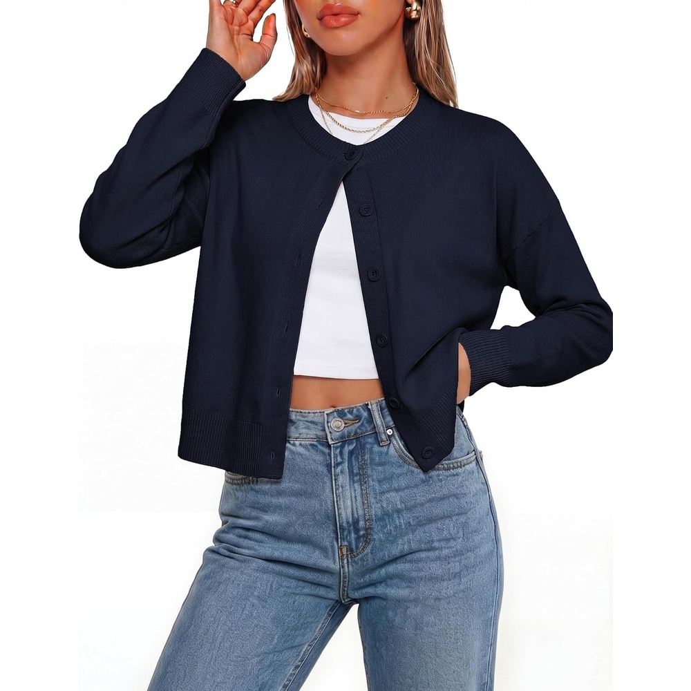 image:imageGRACE KARIN Cropped Cardigan Sweaters for Women Cotton Button up Sweater Oversized Knit Cardigans Trendy 2026Navy Blue