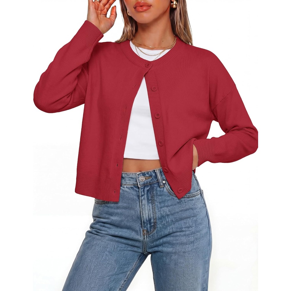 image:imageGRACE KARIN Cropped Cardigan Sweaters for Women Cotton Button up Sweater Oversized Knit Cardigans Trendy 2026Red