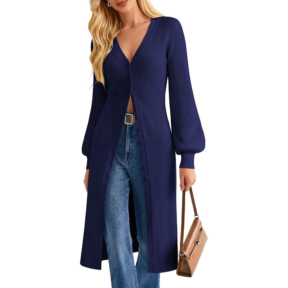 image:imageGRACE KARIN Long Cardigans for Women Duster Sweater Coat Fall Outfits 2026  Lightweight Knit Button Down Dusters for WomenDressy V NeckLantern Long SleeveRibbed Knit CoatiganMaxi Sweater DressNavy Blue
