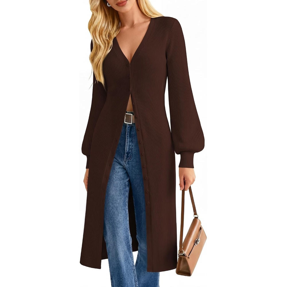 image:imageGRACE KARIN Long Cardigans for Women Duster Sweater Coat Fall Outfits 2026 Lightweight Knit Button Down Dusters for WomenDressy V NeckLantern Long SleeveRibbed Knit CoatiganMaxi Sweater DressChocolate Brown