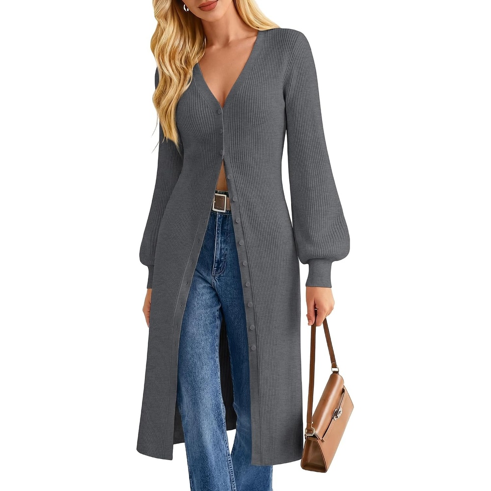 image:imageGRACE KARIN Long Cardigans for Women Duster Sweater Coat Fall Outfits 2026 Lightweight Knit Button Down Dusters for WomenDressy V NeckLantern Long SleeveRibbed Knit CoatiganMaxi Sweater DressDark Gray