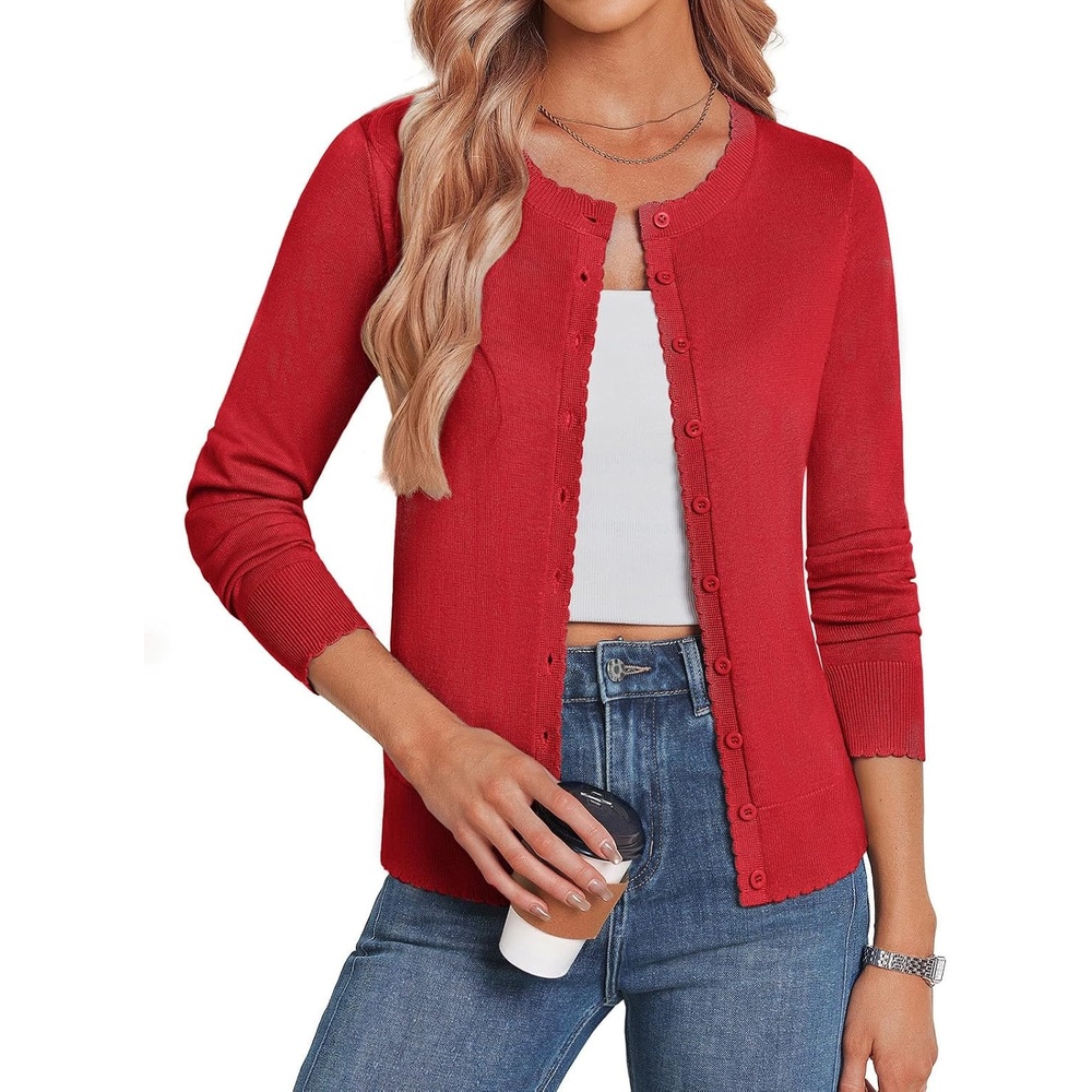 image:imageGRACE KARIN Women 2026 Lightweight Long Sleeve Fall Cardigan Sweaters Longsleeve Silhouette Full Front Buttonup Closure Casual Outfits for Fall amp Winter Daily WearRed