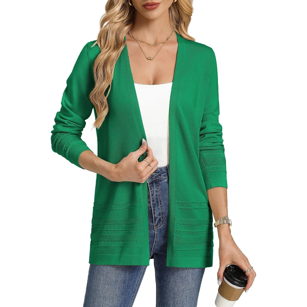 image:imageGRACE KARIN Women Long Cardigan Sweaters 2026 Fall Fashion Teacher Outfits Open Front Long Sleeve V Neck Cardigan Duster Cardigans for Women Crochet Sweater Business Casual OutfitsGreen