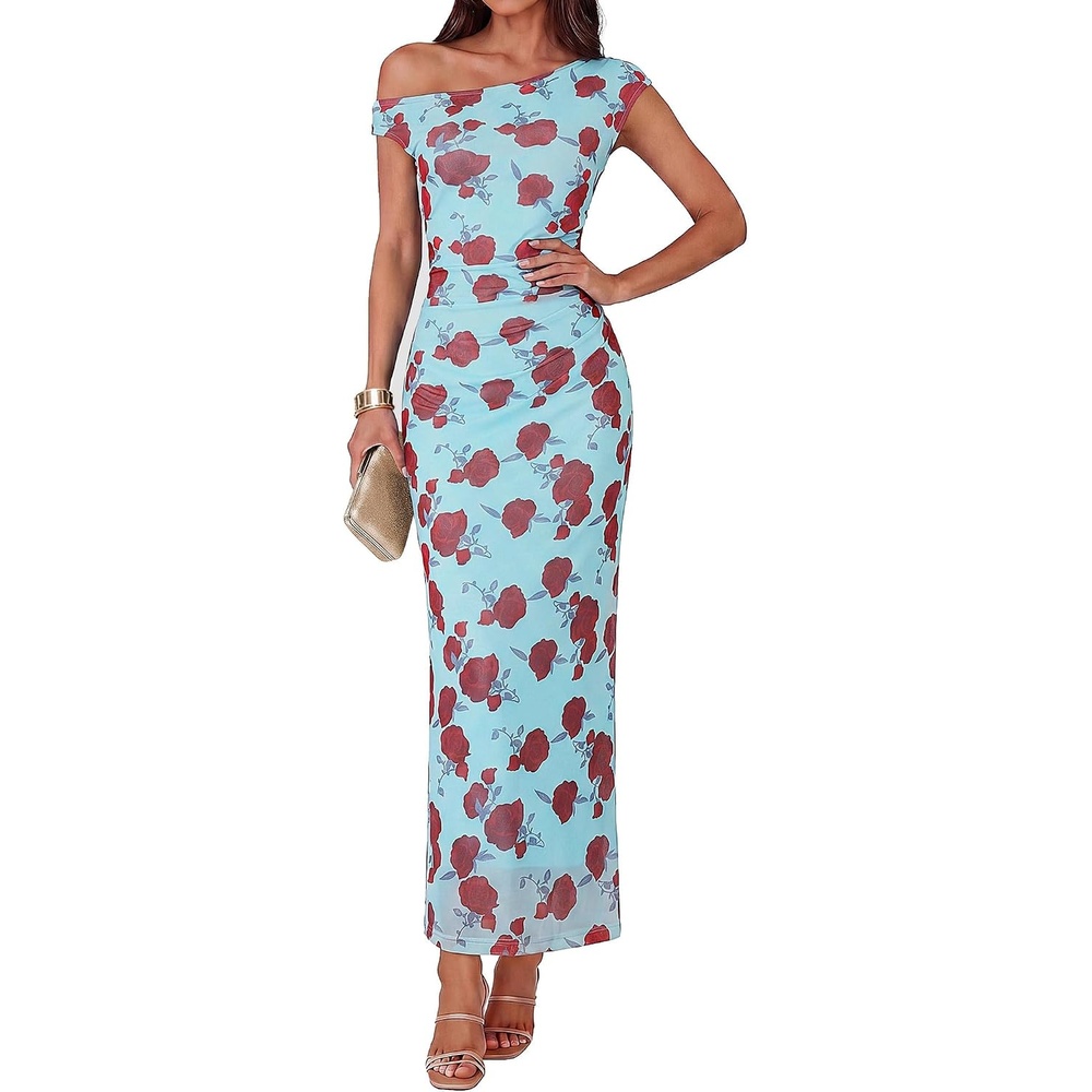 image:imageGRACE KARIN Women One Shoulder Bodycon Floral Wedding Guest Cocktail Dress Elegant Ruched MaxiStretchy MeshBack slitSuitable for FormalEvening PartyPromBridal ShowerSummerFallFloral Blue Rose
