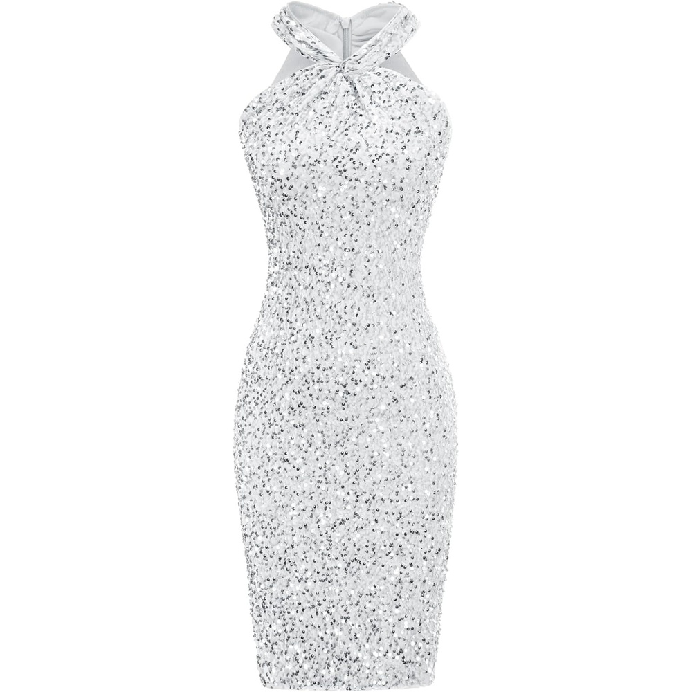 image:imageGRACE KARIN Women Short Sequin DressSparkly Cocktail Bodycon Dresses  SleevelessHalterVelvetGlitterSheathMiniKnee LengthSuitable for SpringFallWinterPartyFestivalClubGiftSilver