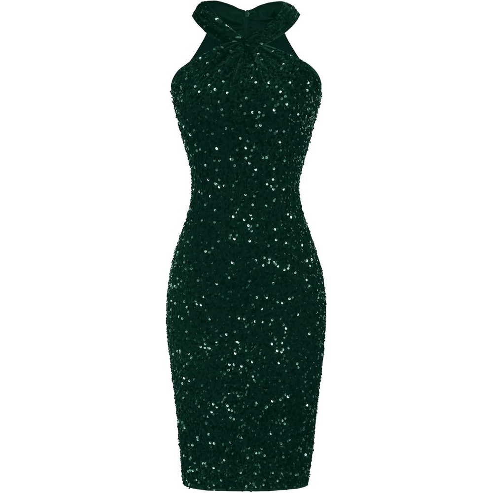 image:imageGRACE KARIN Women Short Sequin DressSparkly Cocktail Bodycon Dresses  SleevelessHalterVelvetGlitterSheathMiniKnee LengthSuitable for SpringFallWinterPartyFestivalClubGiftDark Green