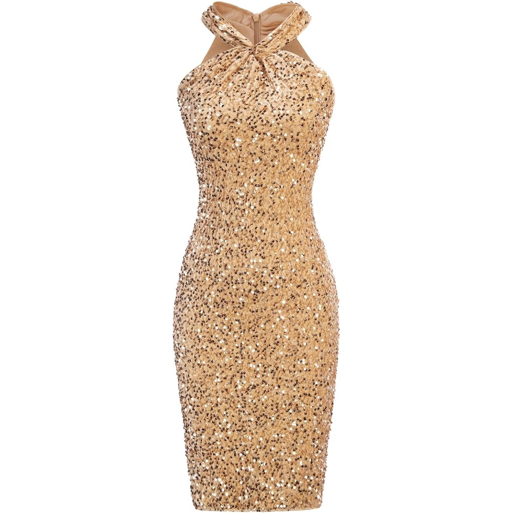 image:imageGRACE KARIN Women Short Sequin DressSparkly Cocktail Bodycon Dresses  SleevelessHalterVelvetGlitterSheathMiniKnee LengthSuitable for SpringFallWinterPartyFestivalClubGiftGold