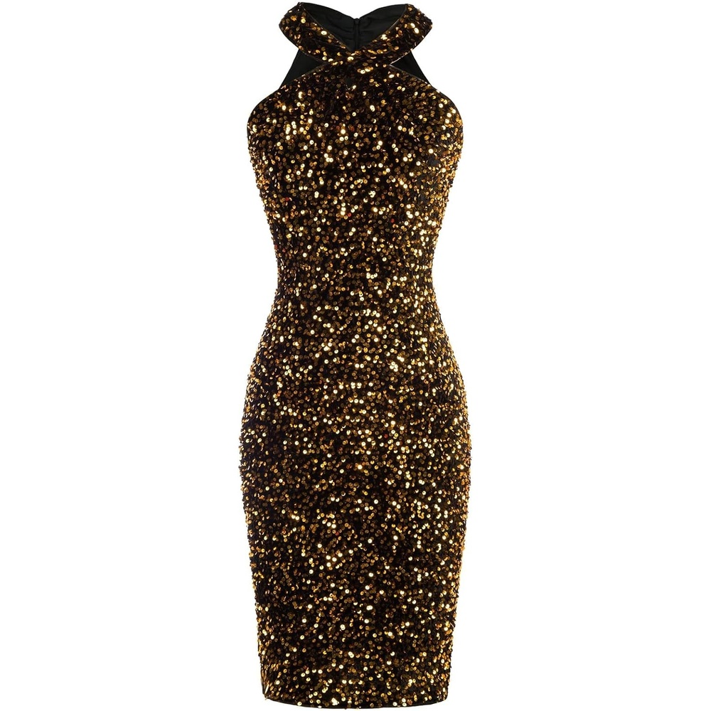 image:imageGRACE KARIN Women Short Sequin DressSparkly Cocktail Bodycon Dresses  SleevelessHalterVelvetGlitterSheathMiniKnee LengthSuitable for SpringFallWinterPartyFestivalClubGiftBlack Gold