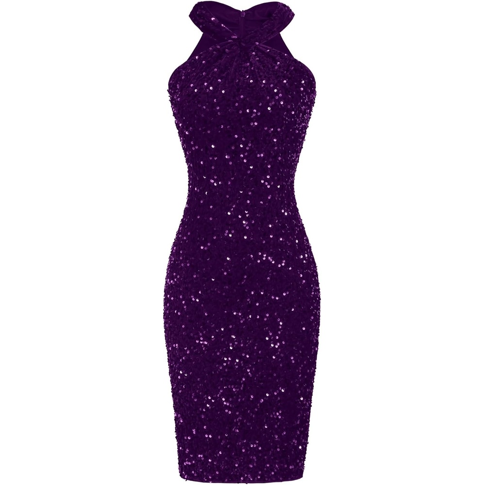 image:imageGRACE KARIN Women Short Sequin DressSparkly Cocktail Bodycon Dresses SleevelessHalterVelvetGlitterSheathMiniKnee LengthSuitable for SpringFallWinterPartyFestivalClubGiftPurple