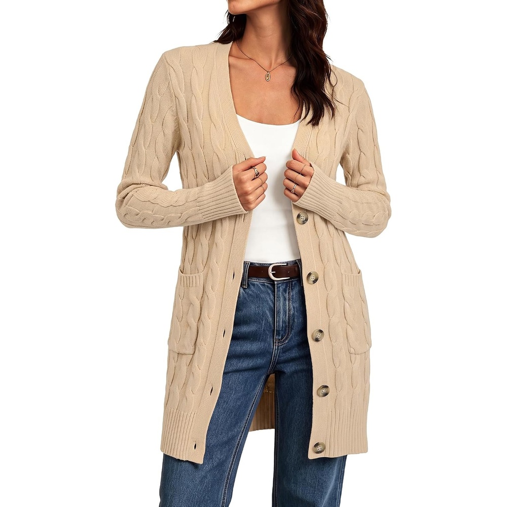 image:imageGRACE KARIN Womens Cable Knit Cardigan Chunky Long Sweater Coats Open Front Long Sleeve Cardigan V Neck Button Down Cozy Pockets Loose Casual Jacket for Office HolidayApricot