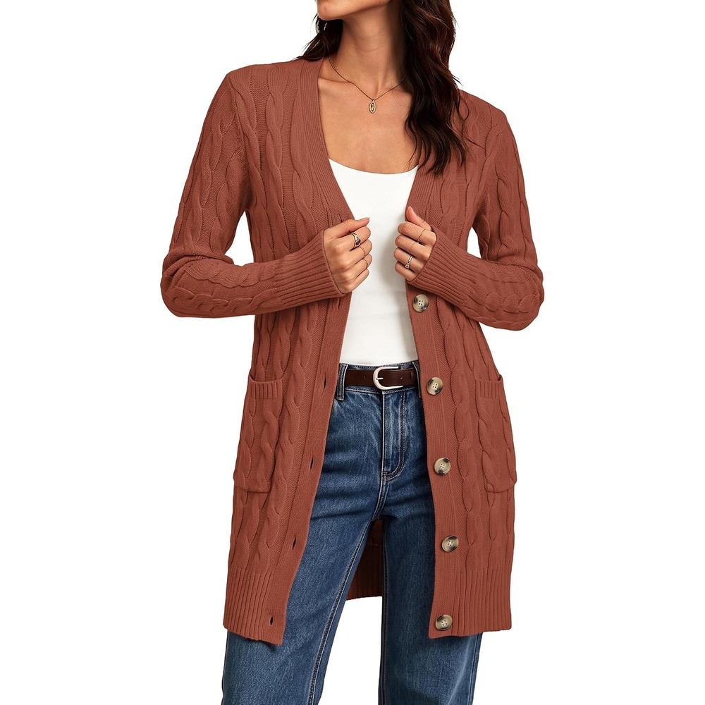 image:imageGRACE KARIN Womens Cable Knit Cardigan Chunky Long Sweater Coats  Open Front Long Sleeve Cardigan V Neck Button Down Cozy Pockets Loose Casual Jacket for Office HolidayRed