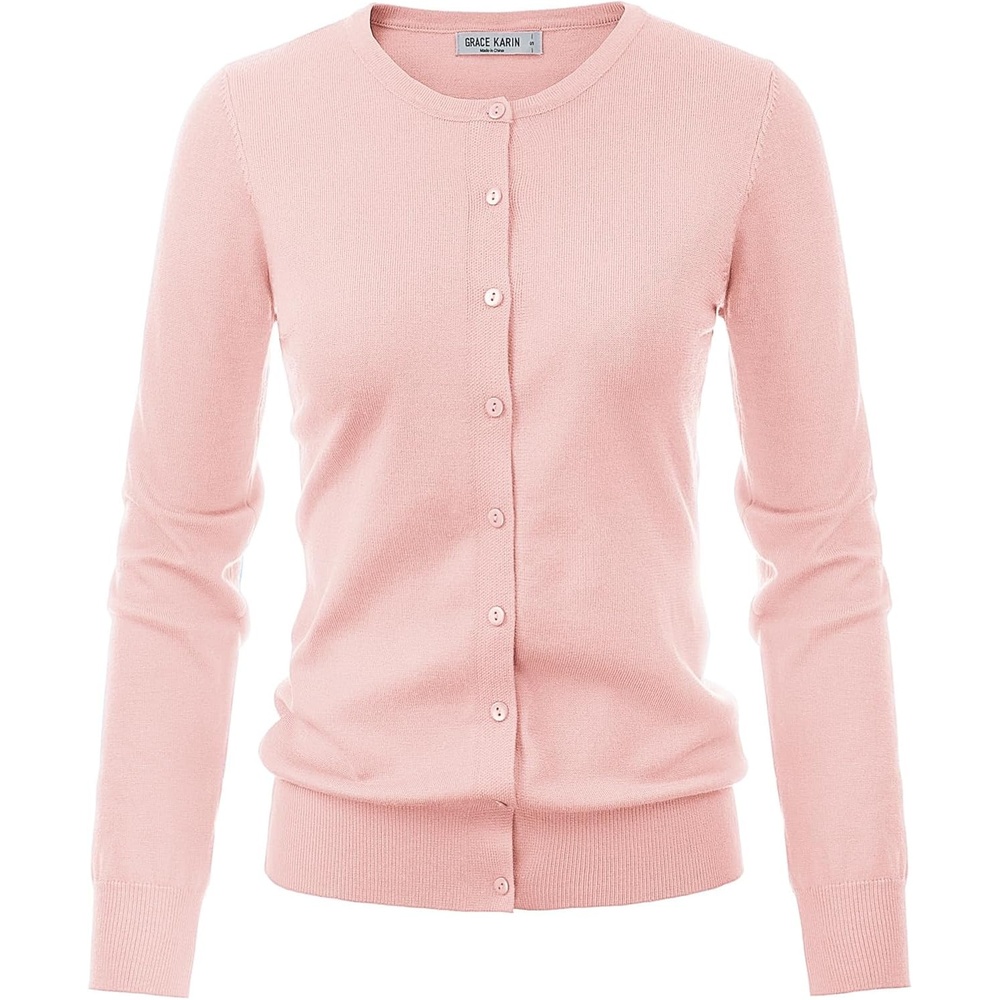 image:imageGRACE KARIN Womens Cardigans Sweater Long Sleeve Lightweight Summer Cardigan Crew Neck Knit Outfits Pale Pink 2XL