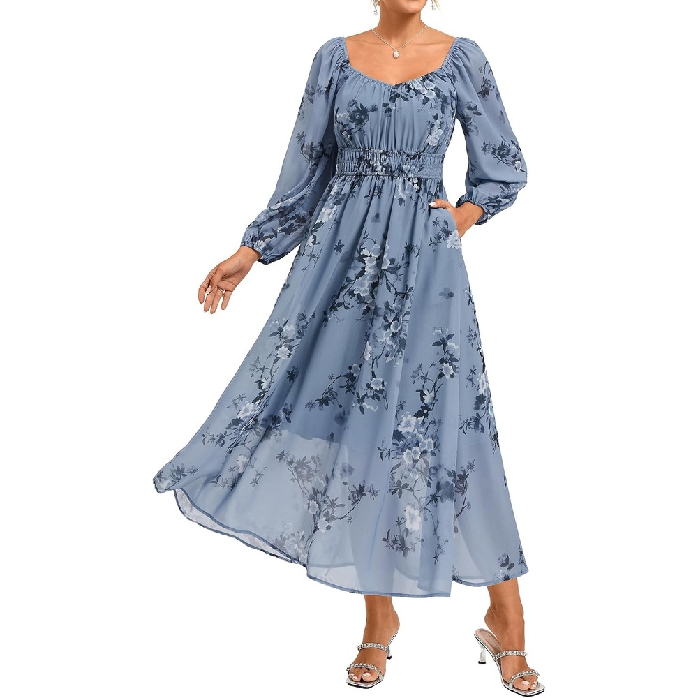 image:imageGRACE KARIN Womens Fall Long Sleeve Floral Wedding Guest Maxi Dress Sweetheart Neck Smocked Long DressChiffonFlowy A Line Outfit with Pocket for FormalTea PartyBridal ShowerBridesmaidGrey Blue