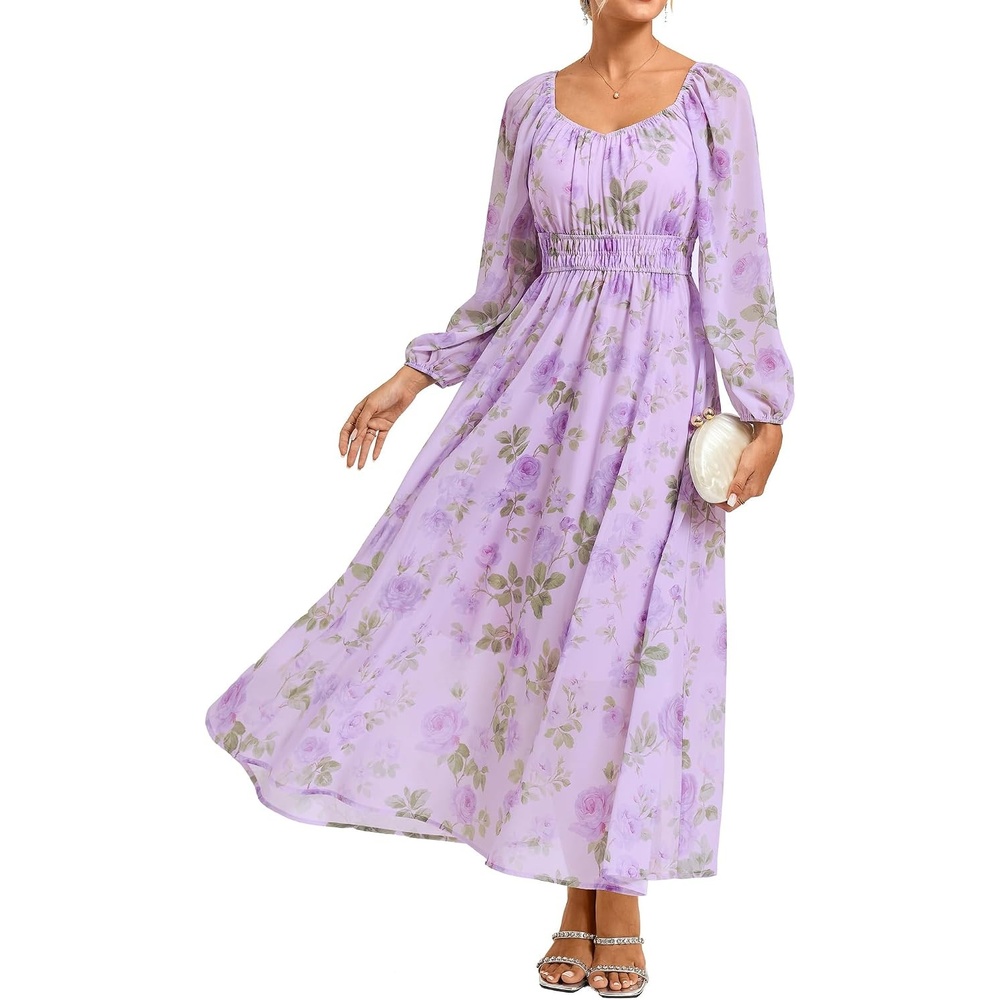 image:imageGRACE KARIN Womens Fall Long Sleeve Floral Wedding Guest Maxi Dress Sweetheart Neck Smocked Long DressChiffonFlowy A Line Outfit with Pocket for FormalTea PartyBridal ShowerBridesmaidLight Purple