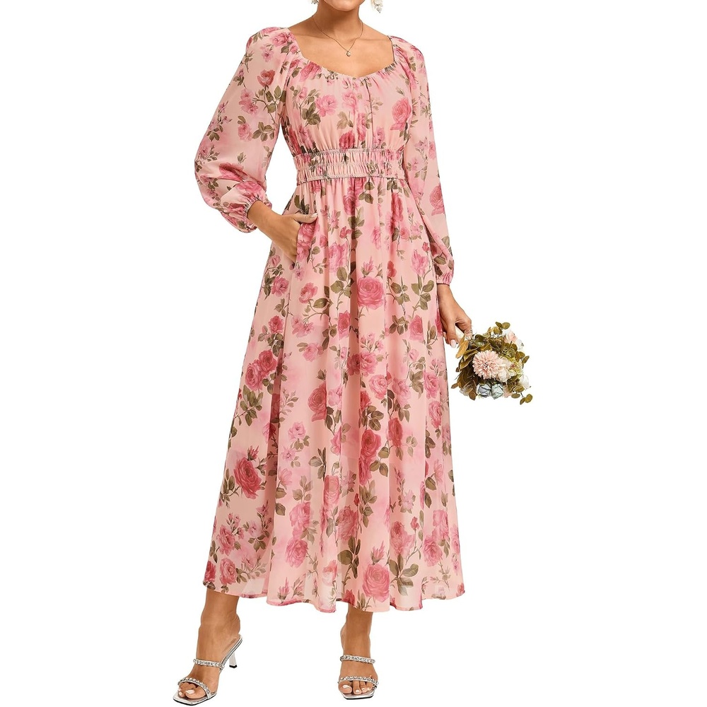 image:imageGRACE KARIN Womens Fall Long Sleeve Floral Wedding Guest Maxi Dress Sweetheart Neck Smocked Long DressChiffonFlowy A Line Outfit with Pocket for FormalTea PartyBridal ShowerBridesmaidPink Floral
