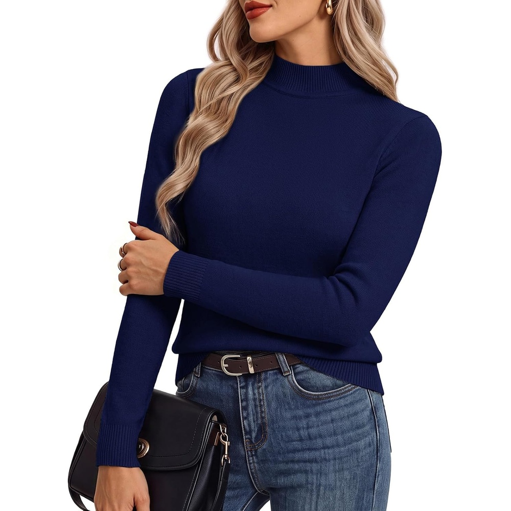 image:imageGRACE KARIN Womens Fleece Sherpa Lined Sweater Mock Neck Long Sleeve Thermal Pullover 2026 Fall Winter Slim Jumper TopsNavy