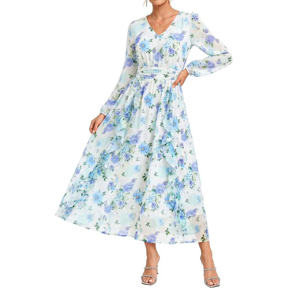 image:imageGRACE KARIN Womens Floral Long Sleeve Wedding Guest Dress Pockets Chiffon V Neck Empire Waist 2026 Fall Dresses Flowy A Line Ruffle Tiered SemiFormal Bridal ShowerWhite Blue Floral