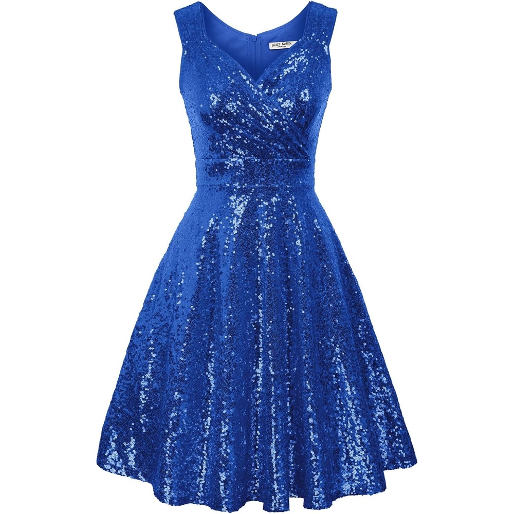 image:imageGRACE KARIN Womens Sparkly Sequin Cocktail Dresses Formal Prom Party A Line Dresses Wedding Guest Glitter Midi DressBluesequin