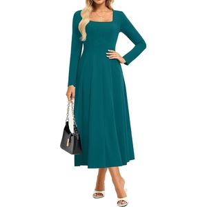 GRACE KARIN 2026 Womens Cotton Fall Wedding Guest Midi Dresses with Pockets | Long Sleeve,A-Line,Square Neck,Fit and Flare,Modest,Elegant Classy,Cocktail,Semi Formal,Party,Church,Fashion Clothes(Lake Blue)