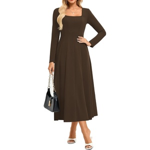 GRACE KARIN 2026 Womens Cotton Fall Wedding Guest Midi Dresses with Pockets | Long Sleeve,A-Line,Square Neck,Fit and Flare,Modest,Elegant Classy,Cocktail,Semi Formal,Party,Church,Fashion Clothes(Dark Brown)