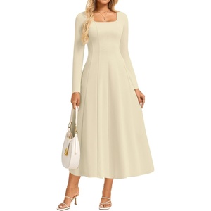 GRACE KARIN 2026 Womens Cotton Fall Wedding Guest Midi Dresses with Pockets | Long Sleeve,A-Line,Square Neck,Fit and Flare,Modest,Elegant Classy,Cocktail,Semi Formal,Party,Church,Fashion Clothes(Apricot)