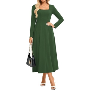 GRACE KARIN 2026 Womens Cotton Fall Wedding Guest Midi Dresses with Pockets | Long Sleeve,A-Line,Square Neck,Fit and Flare,Modest,Elegant Classy,Cocktail,Semi Formal,Party,Church,Fashion Clothes(Army Green)