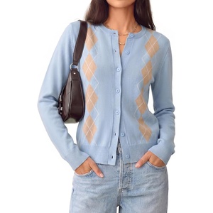 GRACE KARIN Cardigan for Women Argyle Fall Sweaters Cozy Teacher Outfits | Crew Neck Button Up Chunky Cardigan Sweaters, Open Front Cute Sweater, Long Sleeve Casual Winter Outfits for Work & Office(Argyle Light Blue)