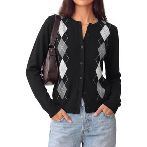 GRACE KARIN Cardigan for Women Argyle Fall Sweaters Cozy Teacher Outfits | Crew Neck Button Up Chunky Cardigan Sweaters, Open Front Cute Sweater, Long Sleeve Casual Winter Outfits for Work & Office(Argyle Black)