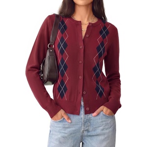 GRACE KARIN Cardigan for Women Argyle Fall Sweaters Cozy Teacher Outfits | Crew Neck Button Up Chunky Cardigan Sweaters, Open Front Cute Sweater, Long Sleeve Casual Winter Outfits for Work & Office(Argyle Red)