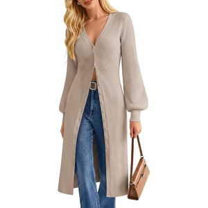 GRACE KARIN Long Cardigans for Women Duster Sweater Coat Fall Outfits 2026 | Lightweight Knit Button Down Dusters for Women,Dressy V Neck,Lantern Long Sleeve,Ribbed Knit Coatigan,Maxi Sweater Dress(Light Camel)