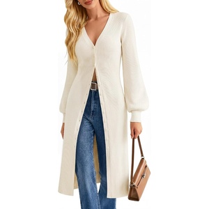 GRACE KARIN Long Cardigans for Women Duster Sweater Coat Fall Outfits 2026 | Lightweight Knit Button Down Dusters for Women,Dressy V Neck,Lantern Long Sleeve,Ribbed Knit Coatigan,Maxi Sweater Dress(Ivory)