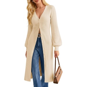 GRACE KARIN Long Cardigans for Women Duster Sweater Coat Fall Outfits 2026 | Lightweight Knit Button Down Dusters for Women,Dressy V Neck,Lantern Long Sleeve,Ribbed Knit Coatigan,Maxi Sweater Dress(Beige)
