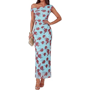 GRACE KARIN Women One Shoulder Bodycon Floral Wedding Guest Cocktail Dress | Elegant Ruched Maxi,Stretchy Mesh,Back slit,Suitable for Formal/Evening Party/Prom/Bridal Shower/Summer/Fall(Floral Blue Rose)