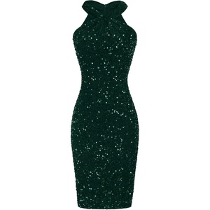 GRACE KARIN Women Short Sequin Dress,Sparkly Cocktail Bodycon Dresses | Sleeveless,Halter,Velvet,Glitter,Sheath,Mini,Knee Length,Suitable for Spring,Fall,Winter,Party,Festival,Club,Gift(Dark Green)