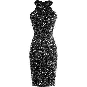 GRACE KARIN Women Short Sequin Dress,Sparkly Cocktail Bodycon Dresses | Sleeveless,Halter,Velvet,Glitter,Sheath,Mini,Knee Length,Suitable for Spring,Fall,Winter,Party,Festival,Club,Gift(Black Silver)