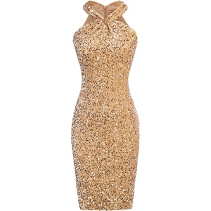 GRACE KARIN Women Short Sequin Dress,Sparkly Cocktail Bodycon Dresses | Sleeveless,Halter,Velvet,Glitter,Sheath,Mini,Knee Length,Suitable for Spring,Fall,Winter,Party,Festival,Club,Gift(Gold)