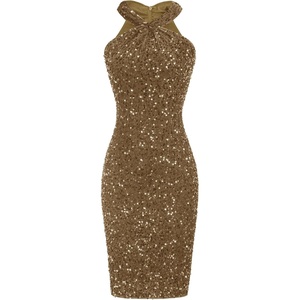 GRACE KARIN Women Short Sequin Dress,Sparkly Cocktail Bodycon Dresses | Sleeveless,Halter,Velvet,Glitter,Sheath,Mini,Knee Length,Suitable for Spring,Fall,Winter,Party,Festival,Club,Gift(Brown)