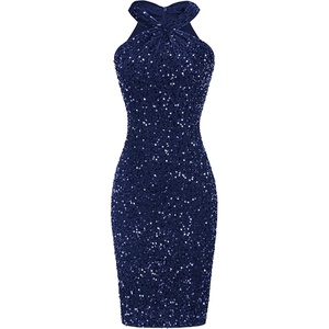 GRACE KARIN Women Short Sequin Dress,Sparkly Cocktail Bodycon Dresses | Sleeveless,Halter,Velvet,Glitter,Sheath,Mini,Knee Length,Suitable for Spring,Fall,Winter,Party,Festival,Club,Gift(Navy Blue)