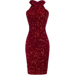 GRACE KARIN Women Short Sequin Dress,Sparkly Cocktail Bodycon Dresses | Sleeveless,Halter,Velvet,Glitter,Sheath,Mini,Knee Length,Suitable for Spring,Fall,Winter,Party,Festival,Club,Gift(Red)