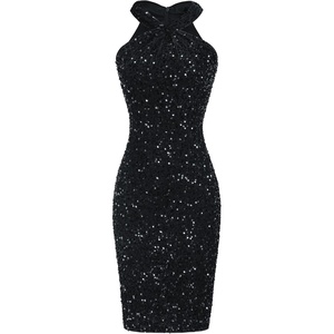 GRACE KARIN Women Short Sequin Dress,Sparkly Cocktail Bodycon Dresses | Sleeveless,Halter,Velvet,Glitter,Sheath,Mini,Knee Length,Suitable for Spring,Fall,Winter,Party,Festival,Club,Gift(Black)
