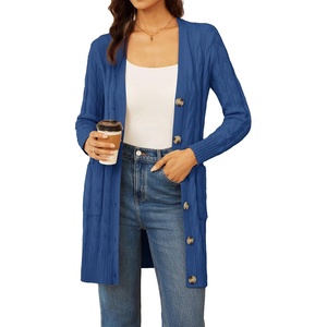 GRACE KARIN Womens Cable Knit Cardigan Chunky Long Sweater Coats | Open Front Long Sleeve Cardigan, V Neck Button Down, Cozy Pockets, Loose Casual Jacket for Office, Holiday(Blue)