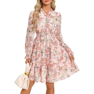 GRACE KARIN Women’s Casual Long Sleeve Chiffon Floral Mini Fall Dresses | V-Neck with Tie Bows, Smocked Waist & Pockets, Flowy Aline, Wedding Guest, Daily Wear, Layer with Denim/Blazer(Apricot Floral)
