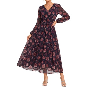 GRACE KARIN Women’s Floral Long Sleeve Wedding Guest Dress | Pockets, Chiffon, V Neck, Empire Waist, 2026 Fall Dresses, Flowy A Line, Ruffle Tiered, Semi-Formal, Bridal Shower(Black Floral)