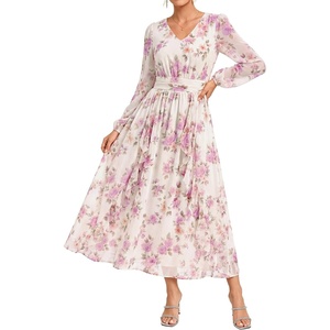 GRACE KARIN Women’s Floral Long Sleeve Wedding Guest Dress | Pockets, Chiffon, V Neck, Empire Waist, 2026 Fall Dresses, Flowy A Line, Ruffle Tiered, Semi-Formal, Bridal Shower(White Purple Floral)