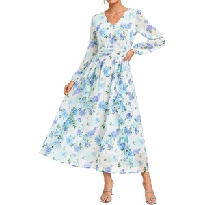 GRACE KARIN Women’s Floral Long Sleeve Wedding Guest Dress | Pockets, Chiffon, V Neck, Empire Waist, 2026 Fall Dresses, Flowy A Line, Ruffle Tiered, Semi-Formal, Bridal Shower(White Blue Floral)