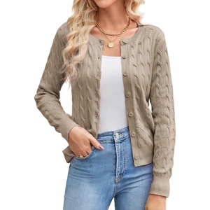 GRACE KARIN Womens Long Sleeve Button Up Cable Knit Cardigan Lightweight 2026 Crewneck Button Down Sweaters for Women(Khaki)