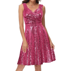 GRACE KARIN Women’s Sparkly Sequin Cocktail Dresses Formal Prom Party A Line Dresses Wedding Guest Glitter Midi Dress(Rose Red(sequin))