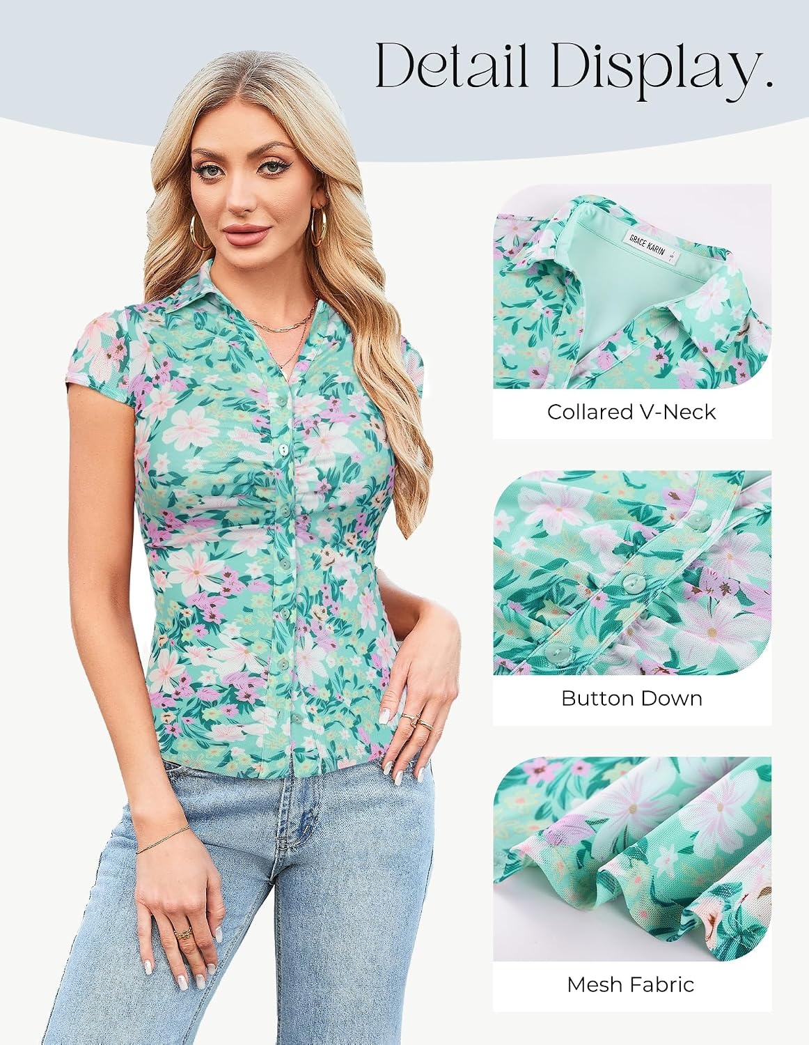 image:imageGRACE KARIN 2026 Women Mesh Boho Tops Dressy Casual Floral Work Blouses Short Sleeve Top Button Down Collared Shirts V Neck Slim Fit Ruched Fashion Summer ClothesGreen